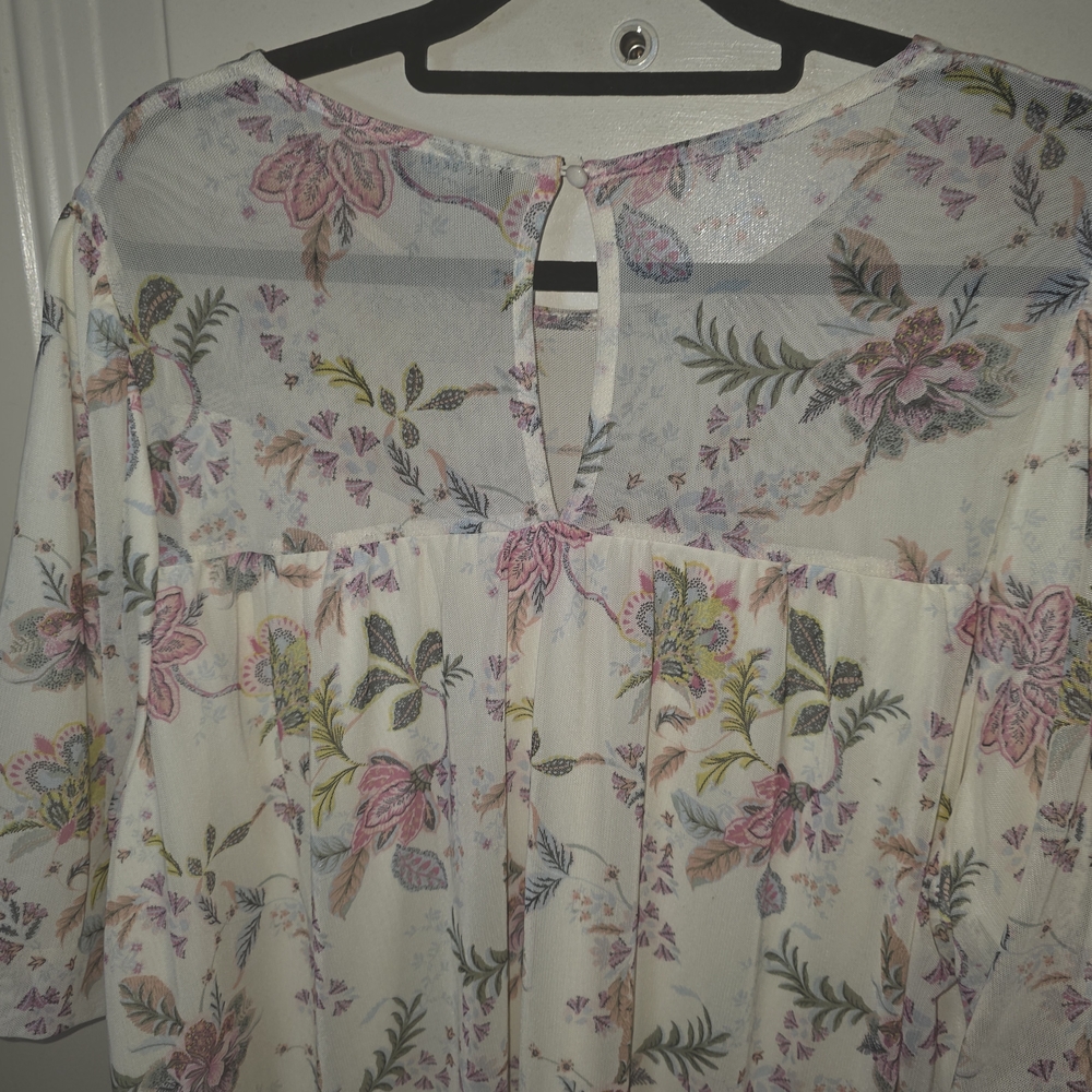 Floral Peasant Blouse in Cream and‎ Pink - Semi Sheer Bubble Sleeve - Picture 12 of 13